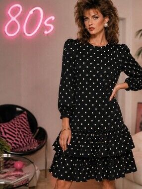 Vintage 80s Statements Polka Dot Drop Waist Midi Dress Puff Sleeve Size 10